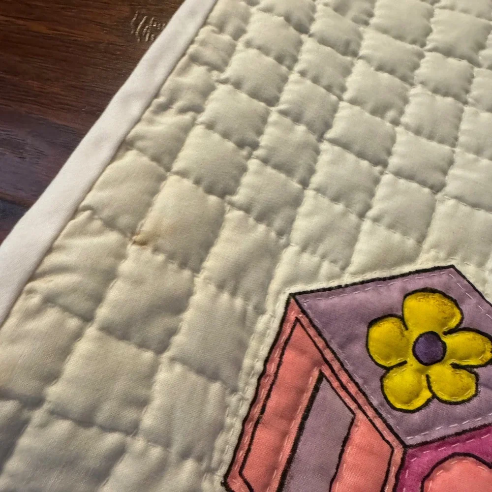 Vintage Nursery Baby 33x48 Quilted Blanket Teddy Bears I Love Bears Blocks White